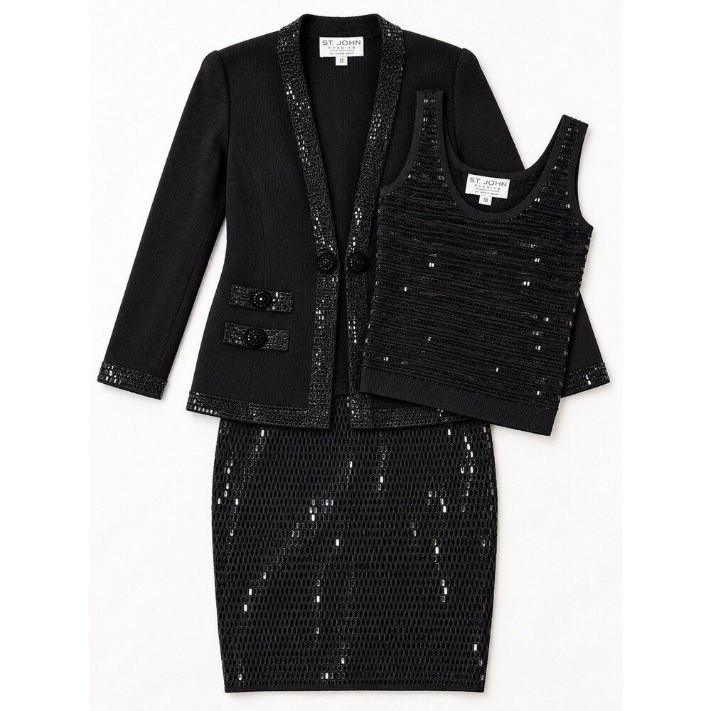 St. John Evening Marie Gray Black Beaded 3 Piece Skirt Suit Set Size 12 Top 10 - Picture 3 of 15